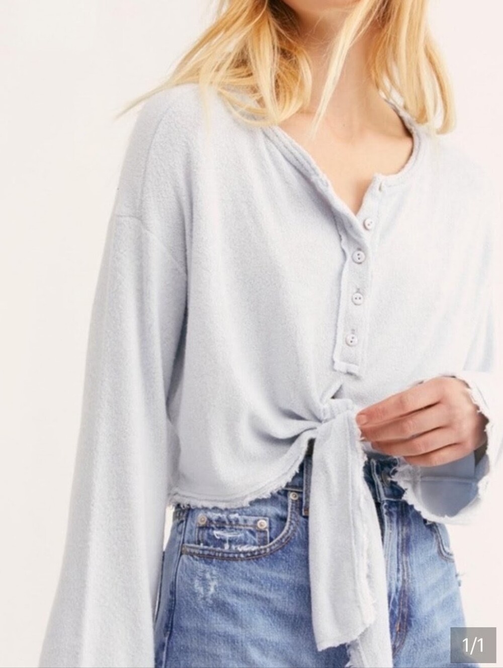 Free People Light Blue Tie-Front Henley Long Sleeve Top